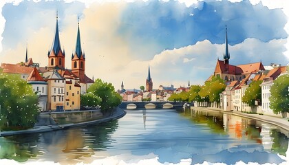 Wall Mural - Serene European Cityscape in Watercolor by the Tranquil River