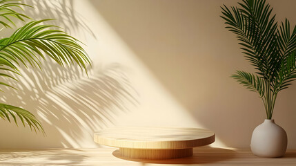 Wall Mural - Wooden Platform with Palm Leaves Illustration