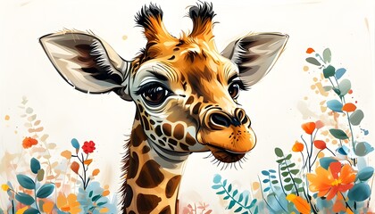 Wall Mural - Adorable cartoon baby giraffe design for nursery decor with a playful and cute vibe on a clean white background