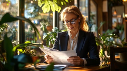 Sticker - Professional Woman Reviewing Documents in a Cozy Cafe