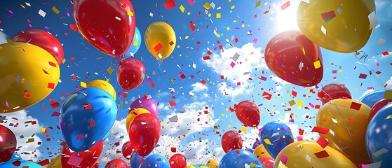 Joyful sky filled with colorful balloons and confetti.