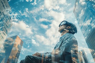 Poster - Man wearing VR headset immersed in a virtual world, future technology concept