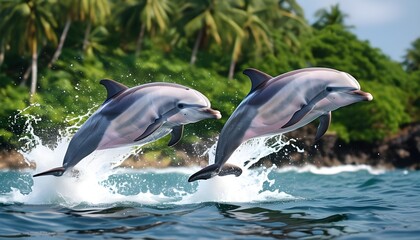 Wall Mural - Dolphins leaping above waves with a picturesque tropical island backdrop