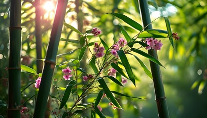 Wall Mural - Sunlit bamboo plant adorned with long green leaves and delicate pink flowers in a lush forest setting