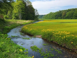 Serene landscape with a meandering canalized stream through a lush green meadow. A dense forest backdrop with tall trees and foliage. Summer season with vibrant greenery and blooming flowers.