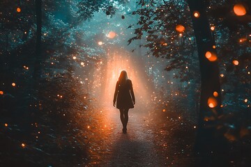 Wall Mural - Mysterious woman walking towards magical light in enchanted forest. Fantasy, adventure, hope concept