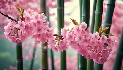 Wall Mural - Cherry Blossoms and Resilient Bamboo: A Harmonious Blend of Delicate Beauty and Strength