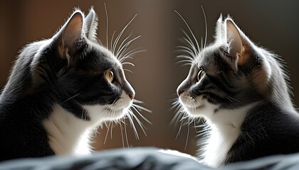 Wall Mural - Curious gray and white cats gazing intently at each other against a softly blurred background