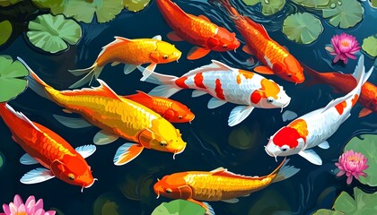 Vibrant pond brimming with colorful Jin Li Yu fish glistening under the sun