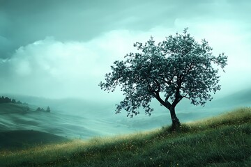 Poster - Solitary Tree on Hillside in Misty Meadow,  Tranquil and Peaceful Landscape