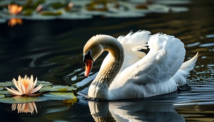 Elegant swan navigating tranquil waters, gracefully nearing a fragile water lily blooming nearby