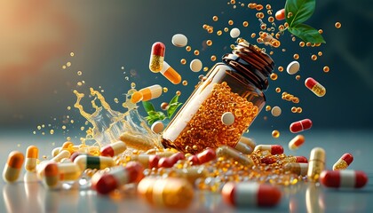 Wall Mural - Dynamic explosion of vibrant dietary supplements with floating pills and capsules against a lively background, symbolizing health and wellness