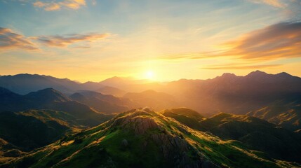breathtaking sunrise over green mountains, showcasing vibrant colors and serene nature, perfect for 