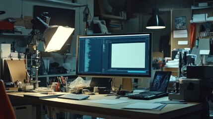 A workspace with computers, papers, and creative tools for design or programming tasks.