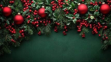 Wall Mural - Christmas backdrop with festive decorations featuring a red and green theme, creating a classic holiday atmosphere