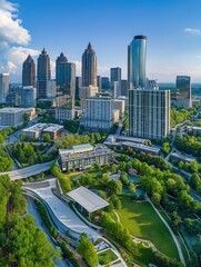 Vertical drone shot of Downtown Atlanta cityscape with modern skyscrapers, large green park. Greenery surrounds modern buildings, with grass, trees visible. Water features create flow, in blue sky,