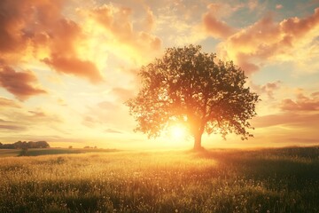 Canvas Print - Lone Tree Silhouetted Against Dramatic Sunset Sky