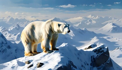 Wall Mural - Majestic polar bear perched on a snow-covered mountain, watching over the expansive icy wilderness