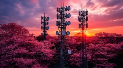 Dramatic Sunset over Telecommunication Tower Network in Lush Natural Landscape