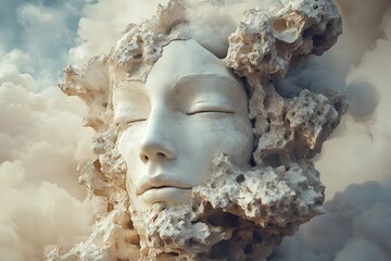 Wall Mural - Abstract Art, Surreal Woman Face Emerging From Clouds