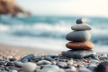 Zen stones stacked on a beach with ocean background, Mindfulness, balance and peace concept