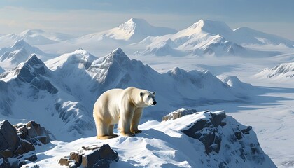 Wall Mural - Majestic polar bear perched on a snow-covered mountain, watching over the expansive icy wilderness