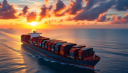 Wall Mural - Majestic container ship cruising through tranquil ocean waters at sunset