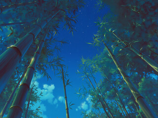 A view looking up at the bamboo from a bamboo grove. Styled like an anime or game background. Blue sky, sunset, sunrise, night, fog, snow, rain, cloudiness, autumn leaves, etc.