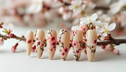 Wall Mural - Blooming Spring Manicure Featuring Pastel Nail Designs with Charming Flower Motifs on Elegant Almond-Shaped Nails