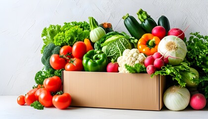 Wall Mural - Vibrant assortment of fresh vegetables in a cardboard box on white textured background, celebrating healthy eating and organic food delivery with ample copy space.