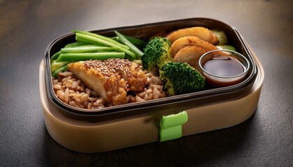 Wall Mural -  A bento box containing a portion of brown rice, mixed vegetables, and a side of lean chicken