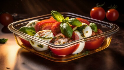 Wall Mural - A glass container filled with a Caprese salad, consisting of sliced tomatoes, mozzarella che