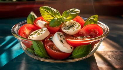 Wall Mural - A glass container filled with a Caprese salad, consisting of sliced tomatoes, mozzarella che