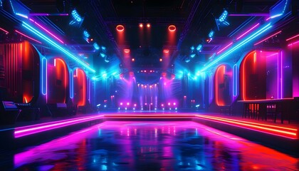 Wall Mural - Futuristic concert stage illuminated by dynamic neon lights in purple, blue, and red, showcasing virtual reality events and high-tech stage design at a night club