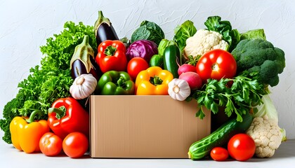 Vibrant assortment of fresh vegetables in a cardboard box on white textured background, celebrating healthy eating and organic food delivery with ample copy space.