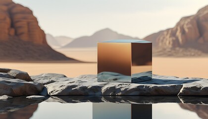 Wall Mural - Abstract showcase featuring a reflective cube atop stone platform against a serene desert landscape