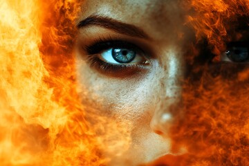 Sticker - Intense Woman's Eye Glowing with Fire. Abstract Concept of Passion, Strength, and Determination