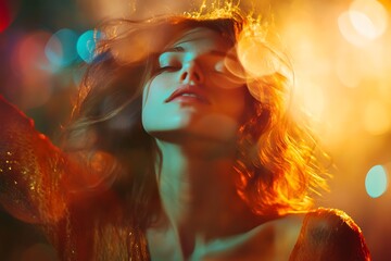 Canvas Print - Woman in warm light with blurred background bokeh and hand on forehead looking up