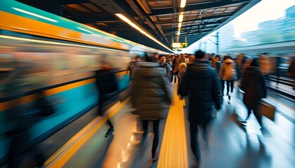 Wall Mural - Dynamic city rush at train station with bustling crowd and motion blur capturing the pace of modern urban life and daily routines.