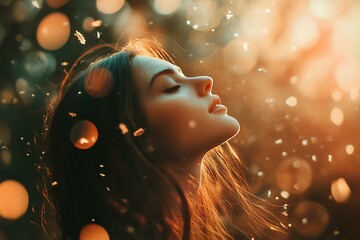 Poster - Woman with closed eyes enjoying the beauty of nature with golden light bokeh background