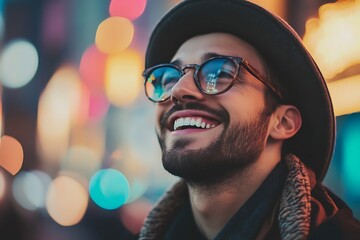 Smiling man with beard and glasses, laughing and looking up in the city at night with bokeh lights