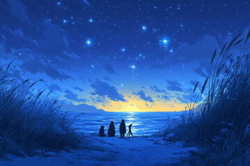 Wall Mural - A group of people are standing on a beach at night, looking out at the ocean