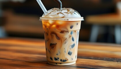 Wall Mural - Chilled Iced Coffee in a Plastic Cup on a Rustic Wooden Table