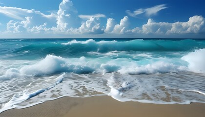 Majestic azure ocean wave crashing on golden sandy beach beneath a backdrop of fluffy white clouds and clear blue sky