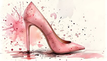 Wall Mural - Elegant watercolor depiction of high-heeled shoes in light pink, set against a backdrop of artistic splashes, perfect for fashion blogs and retail promotions