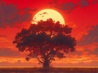 Wall Mural - Landscape of one big tree. Styled like an anime or game background. Blue sky, sunset, sunrise, night, fog, snow, rain, cloudiness, autumn leaves, etc.