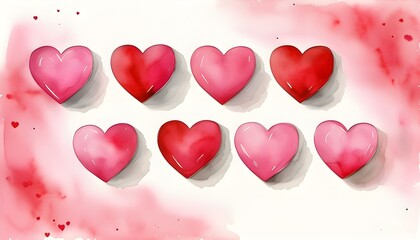 Wall Mural - Whimsical Watercolor Hearts in Shades of Pink and Red Celebrating Love and Romance for Valentines Day