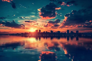 Canvas Print - Vibrant Sunset Over Silhouetted City Skyline Reflected in Calm Water