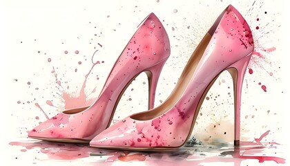 Wall Mural - Elegant watercolor depiction of high-heeled shoes in light pink, set against a backdrop of artistic splashes, perfect for fashion blogs and retail promotions