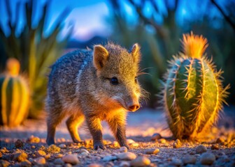 a cute baby javelina wanders curiously through its desert habitat, showcasing the beauty and charm o